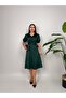 Women's Red - Red Midi Dress with Contrast Collar, Buttoned Short Balloon Sleeves and Belt - 4