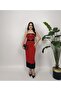 Women's Red - Red Strap Midi Bodycon Dress with Contrast Color Block, Bow, and Stone Accessories