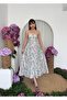 Women's Green Floral Patterned Rope Strap Heart Neck Drawstring Midi Poplin Dress - 7