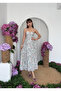 Women's Green Floral Patterned Rope Strap Heart Neck Drawstring Midi Poplin Dress - 5