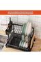 Over Sink Dish Drying Rack, 2-Tie Large Capacity Stainless Steel Dish Drainer with Utensil & Knife Holder, Adjustable Space-Saving Counter Organizer, 42 * 29 * 29cm, Black
