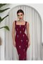 Women's Burgundy Midi Dress with Square Collar, Stone Detail, Straps and Body-Fitting Fit - 3