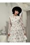 Women's Coffee Color Chiffon Floral Patterned Layered Flounce Belted Long Dress