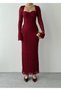 Women's Burgundy Lace Midi Dress with Heart Collar, Long Sleeves, Fitted Fit for Events - 2