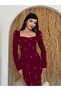 Women's Burgundy Midi Dress with Pearl Detail, Square Neck, Slit, Long Sleeves - 3