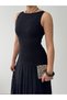 Women's Black Midi Dress Boat Neck Sleeveless Lace Embroidered Flared Cut - 3