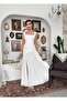 Women's White Midi Dress with Square Collar, Straps, Slits, Draped Chiffon Atlas - 4
