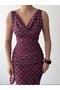 Women's Burgundy Midi Dress Plaid Patterned Degaje Collar Draped Straps Tulle - 3
