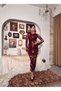 Women's Burgundy Floral Patterned Tulle Long Sleeve Crew Neck Midi Dress - 8