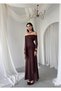 Women's Coffee Color Long Boat Neck Draped Dress with Tie Detail and Long Sleeves - 6