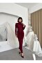 Women's Burgundy Long Sleeve Turtleneck Backless Gathered Long Dress - 4