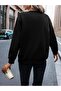 Women's Leopard 6-Piece Heart Printed Crew Neck Unisex Black Oversize Sweatshirt - 2