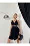 Women's Black Halter Neck Lace Detailed Backless Flounce Mini Dress - 4