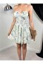 Women's Green Strapless Floral Patterned Ruched Shirred Flared Mini Dress - 4