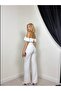 Women's White Blouse Trouser Set Carmen Collar Buttoned Pocket Flap Wide Leg - 4