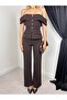 Women's Coffee Blouse Pants Set Carmen Collar Buttoned Pocket Flap Wide Leg - 2