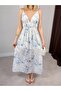 Women's Blue Floral Patterned Rope Strap V-Neck Waist Gathered Tie Back Maxi Dress - 4