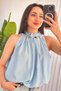 Women's Baby Blue Beaded Detailed Halter Neck Draped Balloon Cut Sleeveless Blouse - 3