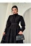 Women's Black Midi Dress with Stand Collar, Ruffle Detail, Belted, Buttoned, Lace Trim - 4
