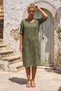 Khaki Pool Collar 3/4 Sleeve Hidden Pocket Lined Embroidered Casual Cotton Woven Dress 105 56 - 4