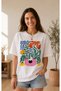 Unisex White Tshirt Flowers Floral and Kitten Oversize - 5