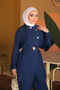 Navy Blue Buttoned Belted Tunic Pantsuit - 4