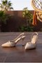 Women's Beige Patent Leather Elegant Stone Buckle Pointed Toe Heeled Evening Dress Shoes - 6