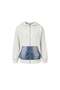 Ecru Blue Denim Textured Hooded Oversize Sweatshirt with Pocket Detail 19092