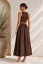 Women's Brown Cotton Poplin Lined Pocketed Pinterest Maxi Long High Waist Loose Summer Skirt - 3