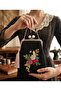 18x18 cm black linen vintage bag with rococo rose detail, 100% hand embroidered.