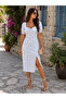 All-Day Elegance - Women's Square Neck Floral Patterned Balloon Sleeve Slit Midi Summer Dress - 4