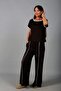 Women's Wide Collar Blouse with Elastic Waist and Pockets, Wide Leg Pants with Ribbed Modal, 2-Piece Set - 2