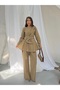 Women's Gold Buckle Bow Detailed Peplum Blouse and Wide-Leg Pants Set 3152 - Mink - 5