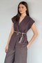 Brown Women's Satin Belted Jean Denim Vest and Elastic Waist Pants Two-Piece Set - 3