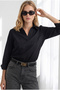 Women's Black Polo Collar Blouse with Pleated Back and Woven Detail Blz-19003446 - 4