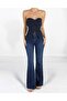 Women's Dark Blue High Waist Dark Blue Spanish Leg Denim Jean Pants with 5 Pockets - 4