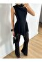 Women's Black Lace Long Sleeveless High Neck Asymmetrical Hem Long Jumpsuit - 4