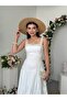 Women's Ecru Midi Dress Square Collar Lace Strap Layered Skirt Poplin Textured - 5