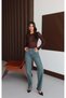 Women's Green Tint High Waist Straight Fit Green Toned 5 Pocket Straight Leg Jean Trousers - 2