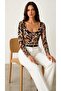 Women's Brown Patterned Round Neck Long Sleeve Viscose Blouse - 3