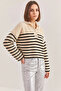 Women's Buttoned Collar Striped Knitwear Beige Black Sweater - 2