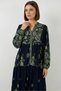 Women's V-Neck Gathered Waist Floral Patterned Viscose Navy Blue Hijab Dress - 5