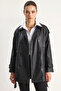 Women's Double-Breasted Collar Belted Lined Faux Leather Trench Coat Black