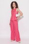 Women's Striped Sleeveless Blouse with Elastic Waist and Pocket Detail, Wide-Leg Pink Trousers Set - 2