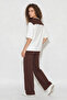 Women's Shawl Detailed Basic T-Shirt Elastic Waist Loose Pants Bottom Top Modal Set Brown White - 6