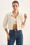 Women's Double Pocket Detailed Snap Closure Seasonal Denim Cream Jacket - 4