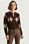 Women's Diamond Patterned Crew Neck Brown Cardigan - 4