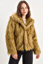 Women's Wide Collar Lined Short Faux Fur Camel Black Jacket - 4