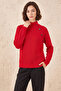 Women's Half Turtleneck Loose Red Sweater with Accessory Detail - 5