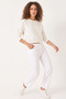 Women's Crew Neck Sweatshirt with Pearl Buttons on the Front, Three-Thread Ribbed Ecru Sweatshirt - 6